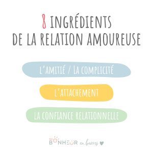 8 ingrédients de la relation amoureuse : amitié, complicité, attachement, confiance relationnelle, désir, projet commun, fierté de l'identité sociale du couple, admiration, communication bienveillante