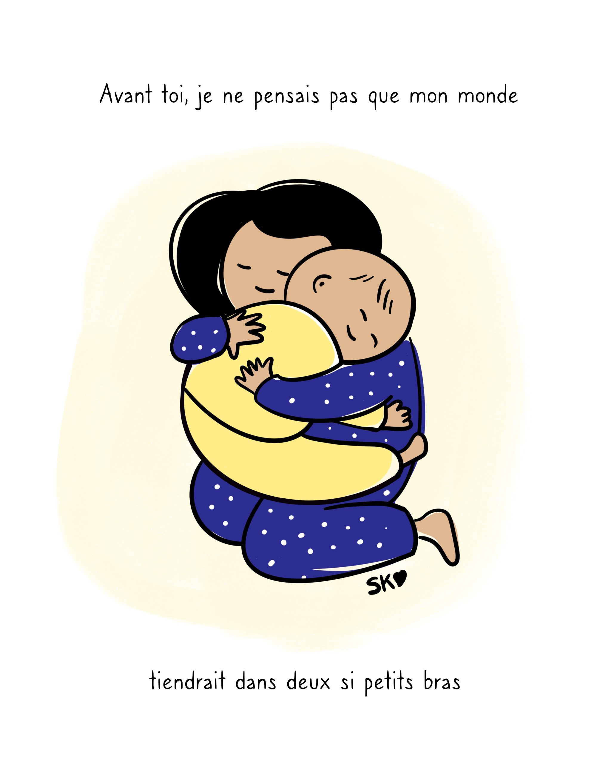 Une scène douce et familière, qui parle de lien, d'amour, de ces petits riens qui font beaucoup. Et surtout d'une maman dont le monde a changé grâce à l'arrivée de son bébé.