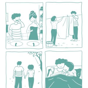 Cette illustration raconte l'amour dans ce qu'il a de plus simple et de plus précieux. Les habitudes, les gestes du quotidien, les moments partagés qui semblent ordinaires mais qui, avec le temps, deviennent nos plus beaux souvenirs.