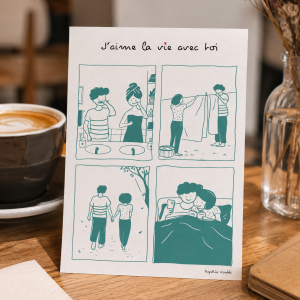 On parle souvent des grandes déclarations d'amour. Mais il y a aussi les matins pressés, les draps partagés, les promenades du dimanche et les gestes mille fois répétés. Cette illustration célèbre ces moments simples qui font la beauté d'une vie à deux.