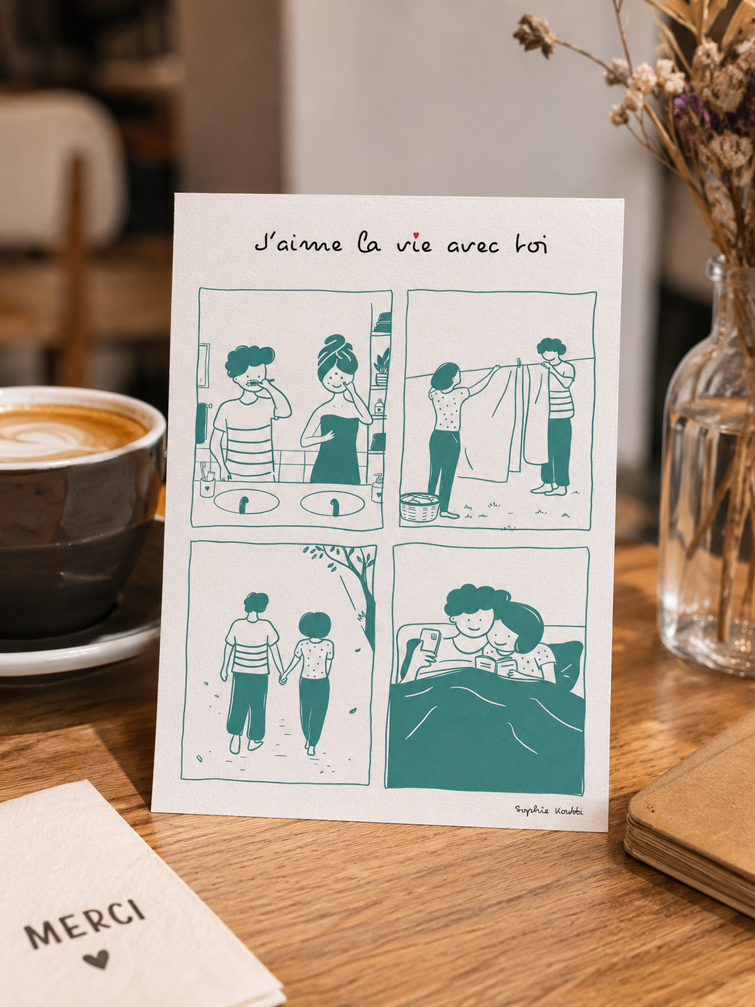 On parle souvent des grandes déclarations d'amour. Mais il y a aussi les matins pressés, les draps partagés, les promenades du dimanche et les gestes mille fois répétés. Cette illustration célèbre ces moments simples qui font la beauté d'une vie à deux.