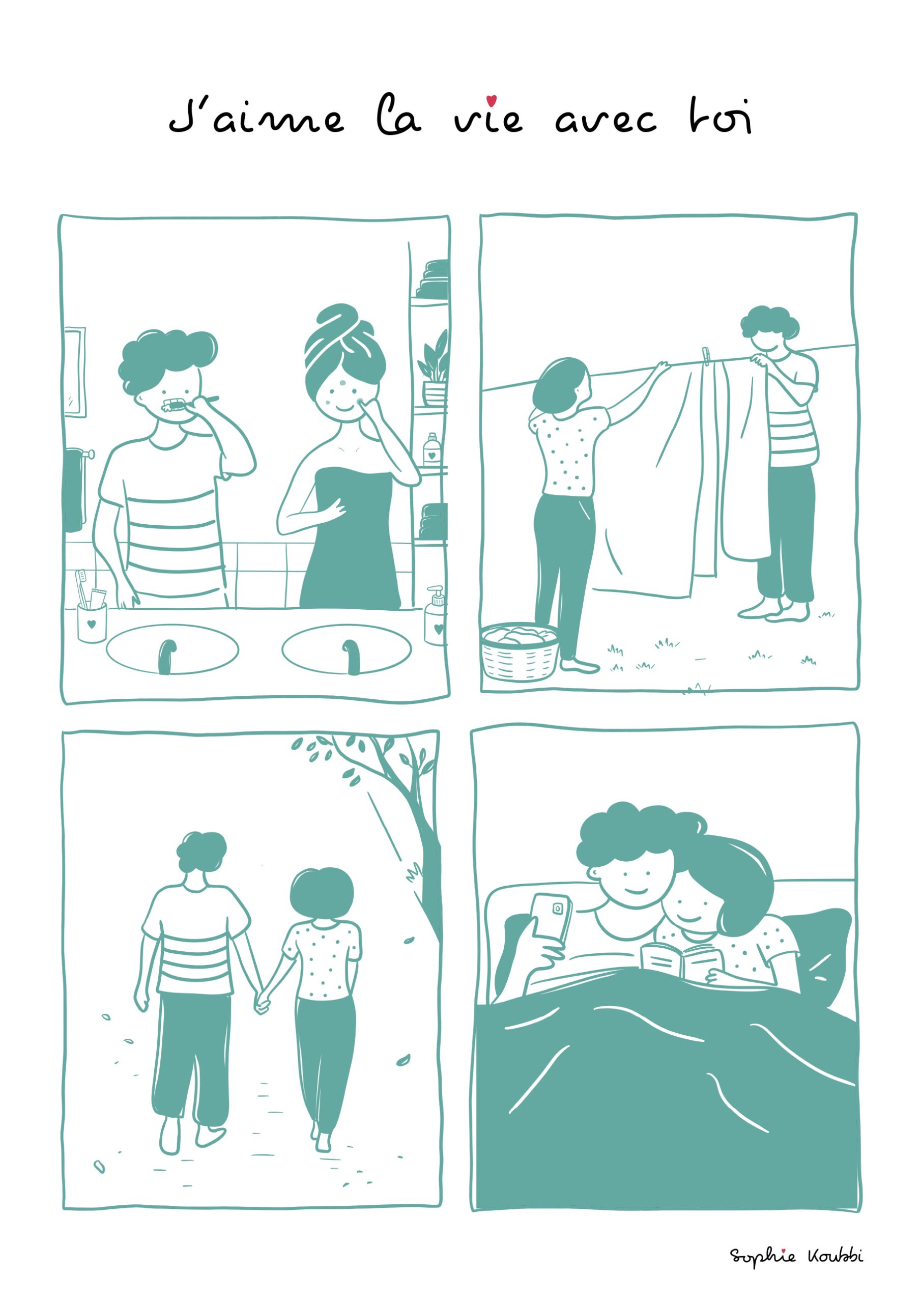 Cette illustration raconte l'amour dans ce qu'il a de plus simple et de plus précieux. Les habitudes, les gestes du quotidien, les moments partagés qui semblent ordinaires mais qui, avec le temps, deviennent nos plus beaux souvenirs.