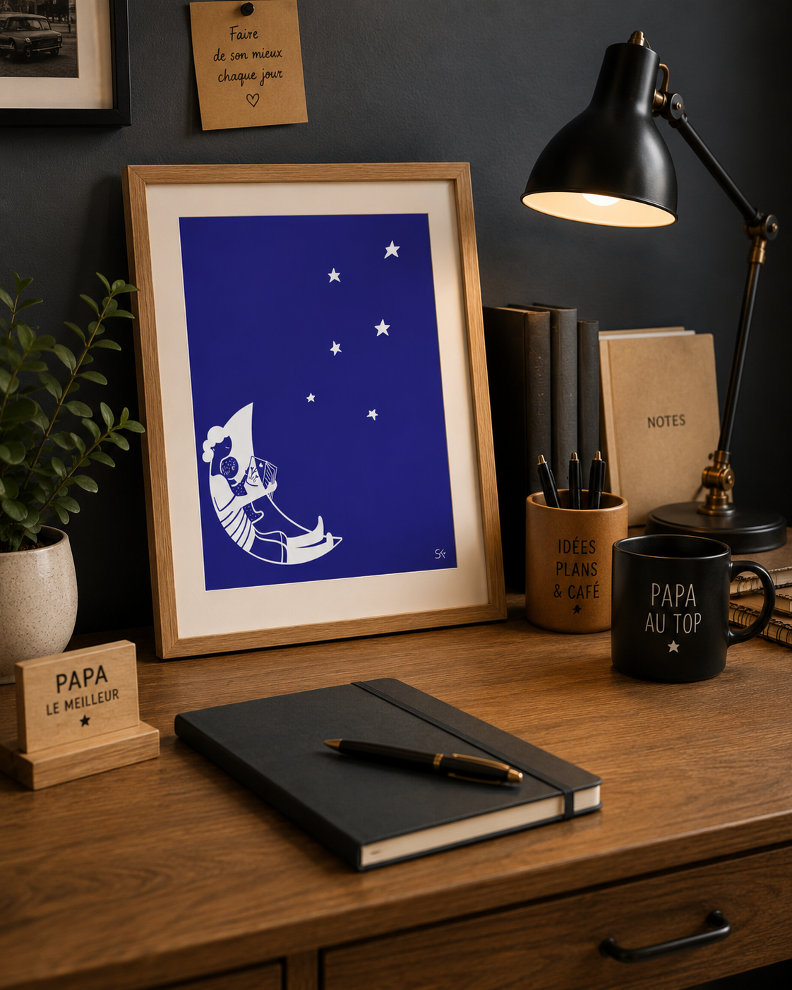 Tableau d'une Illustration poétique d'un papa qui raconte des histoires