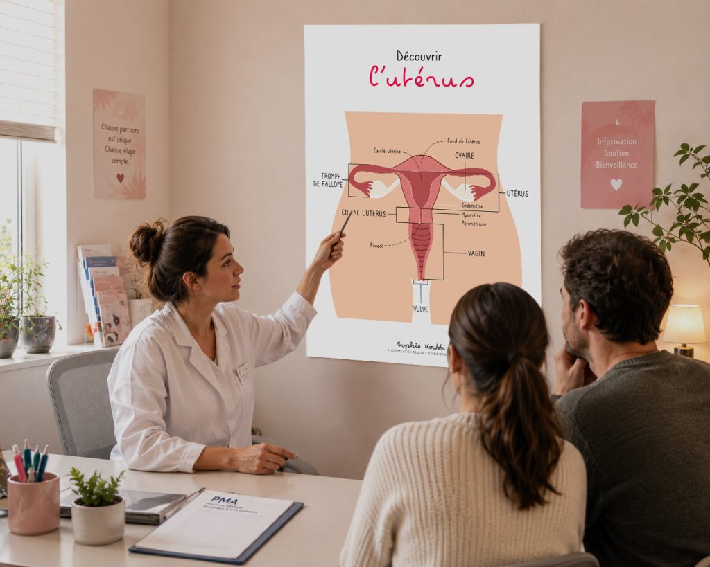 Affiche pédagogique présentant l'utérus et le vagin